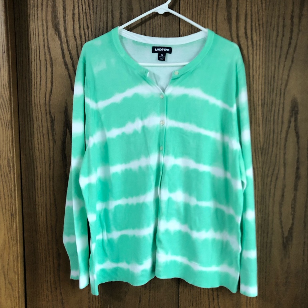 Lands’ End women’s preppy teal striped button down cardigan size 2X